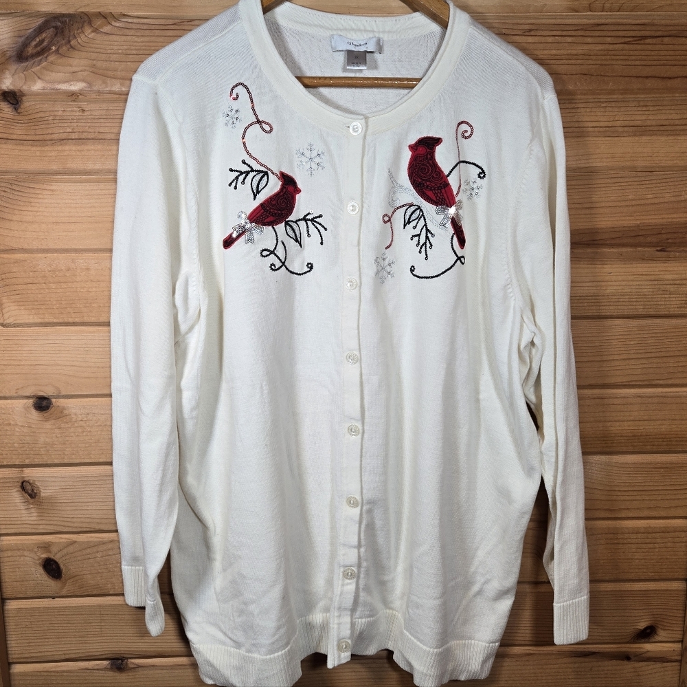 Cj Banks Cardigan Cotton Embroidered Sequin Womens 3XL Cardinals Winter Holiday